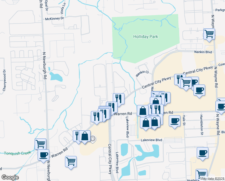 map of restaurants, bars, coffee shops, grocery stores, and more near 7477 Manor Circle in Westland