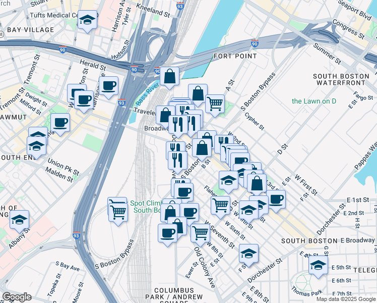 map of restaurants, bars, coffee shops, grocery stores, and more near 10 West Fifth Street in Boston
