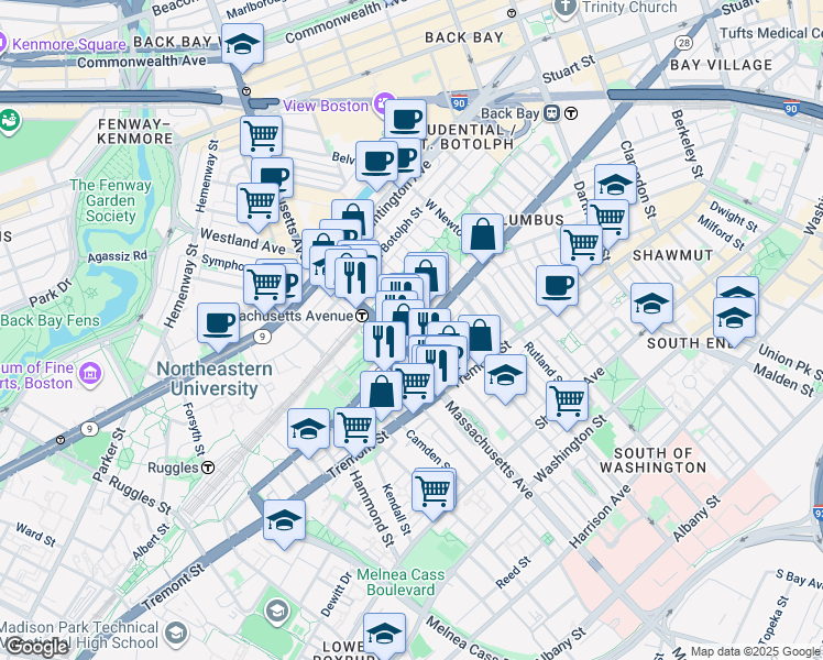 map of restaurants, bars, coffee shops, grocery stores, and more near 586 Columbus Avenue in Boston