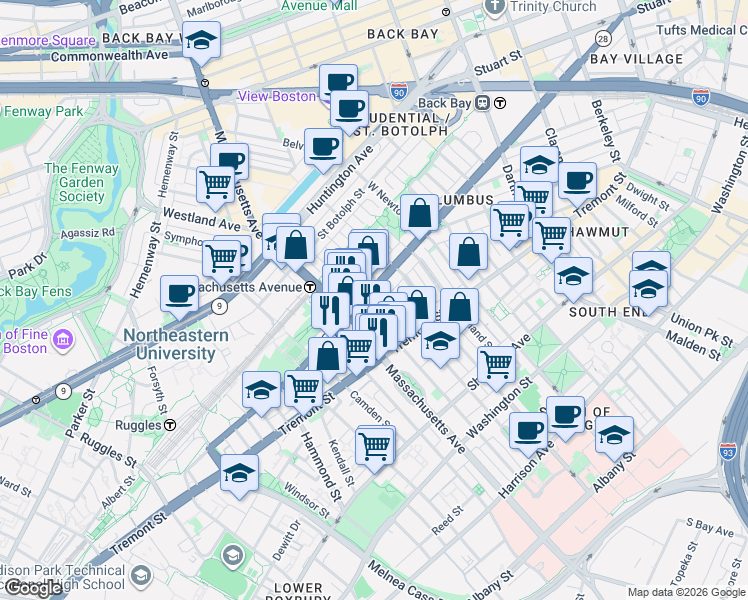 map of restaurants, bars, coffee shops, grocery stores, and more near 212 West Springfield Street in Boston