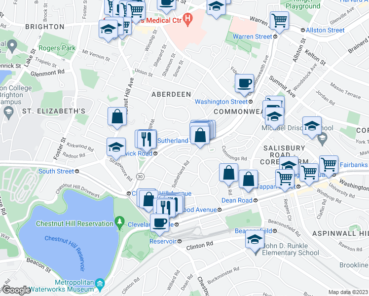 map of restaurants, bars, coffee shops, grocery stores, and more near 98 Lanark Road in Boston