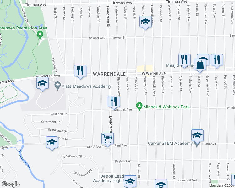 map of restaurants, bars, coffee shops, grocery stores, and more near 6809 Plainview Avenue in Detroit
