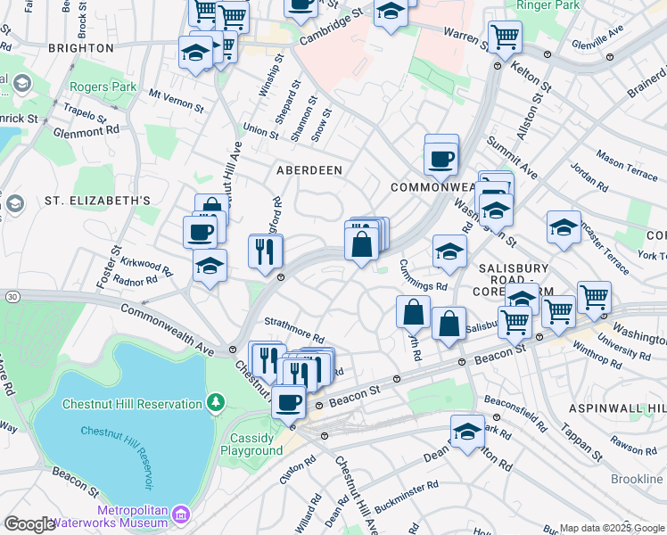 map of restaurants, bars, coffee shops, grocery stores, and more near 98 Lanark Road in Boston