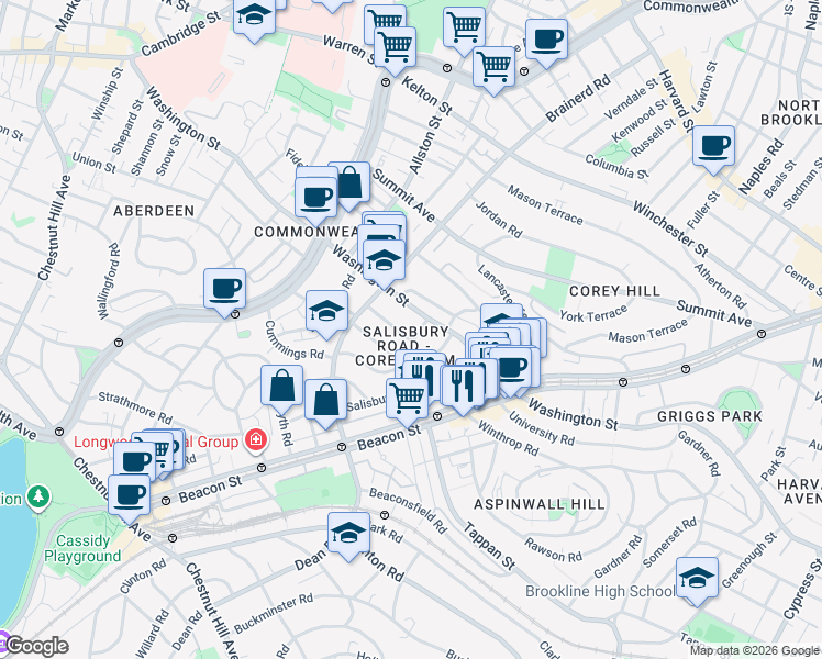 map of restaurants, bars, coffee shops, grocery stores, and more near 31 Evans Road in Brookline