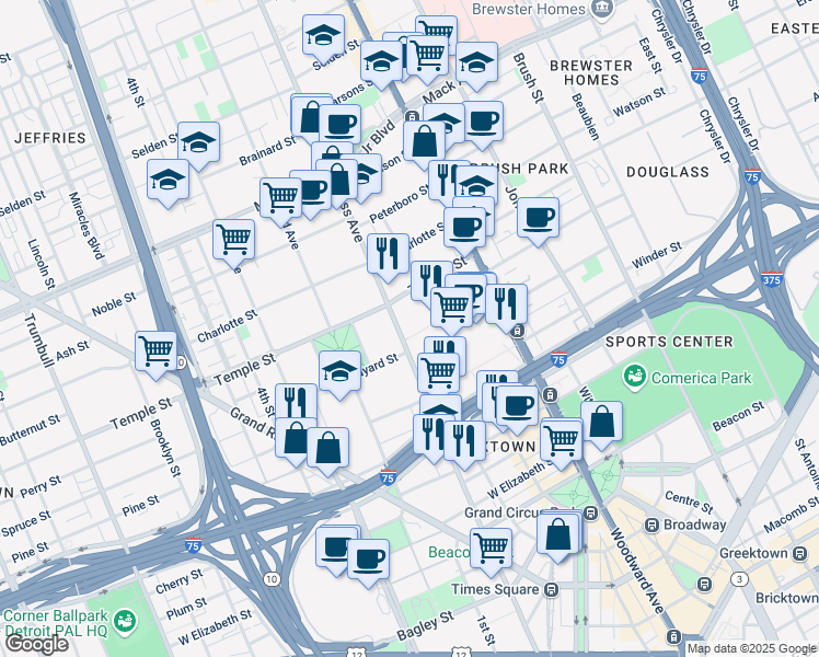 map of restaurants, bars, coffee shops, grocery stores, and more near in Detroit