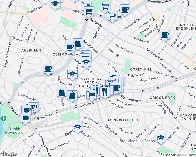 map of restaurants, bars, coffee shops, grocery stores, and more near 786 Washington Street in Brookline