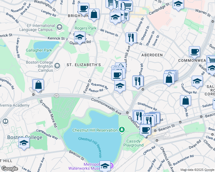 map of restaurants, bars, coffee shops, grocery stores, and more near 217 Chestnut Hill Avenue in Boston