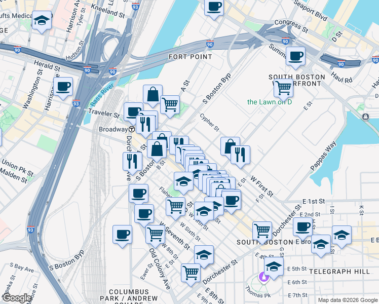 map of restaurants, bars, coffee shops, grocery stores, and more near 166 Athens Street in Boston