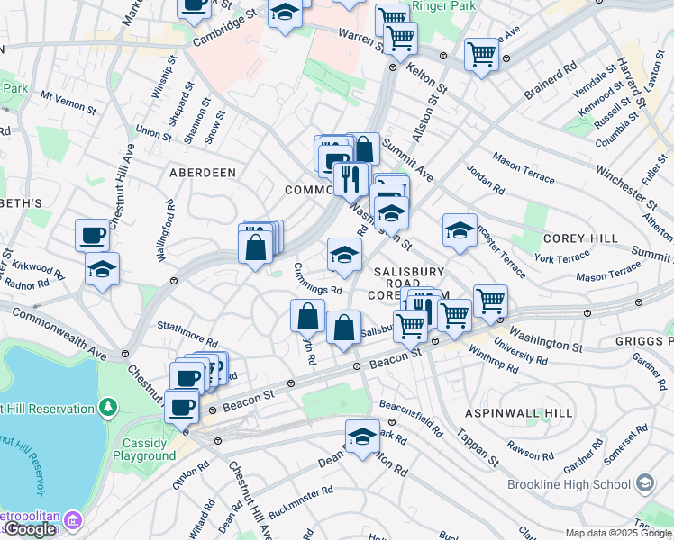 map of restaurants, bars, coffee shops, grocery stores, and more near 27 Egremont Road in Boston