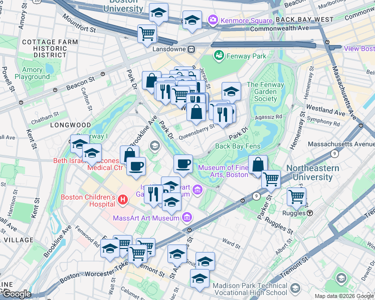 map of restaurants, bars, coffee shops, grocery stores, and more near 191 Park Drive in Boston