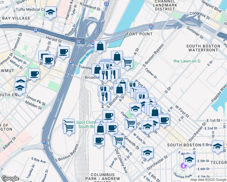 map of restaurants, bars, coffee shops, grocery stores, and more near 51 Silver Street in Boston