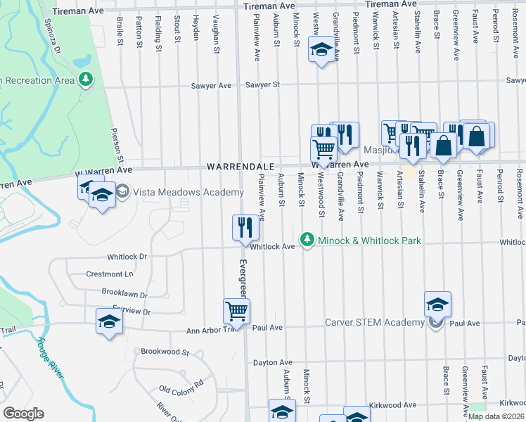 map of restaurants, bars, coffee shops, grocery stores, and more near 6768 Plainview Avenue in Detroit