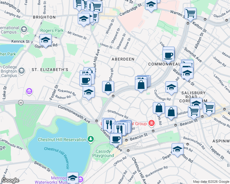 map of restaurants, bars, coffee shops, grocery stores, and more near Commonwealth Avenue in Boston