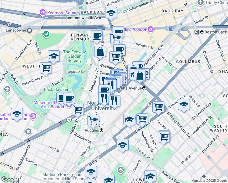 map of restaurants, bars, coffee shops, grocery stores, and more near 360 Huntington Avenue in Boston