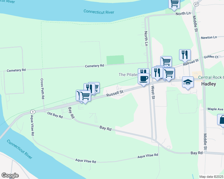 map of restaurants, bars, coffee shops, grocery stores, and more near 63 Russell Street in Hadley