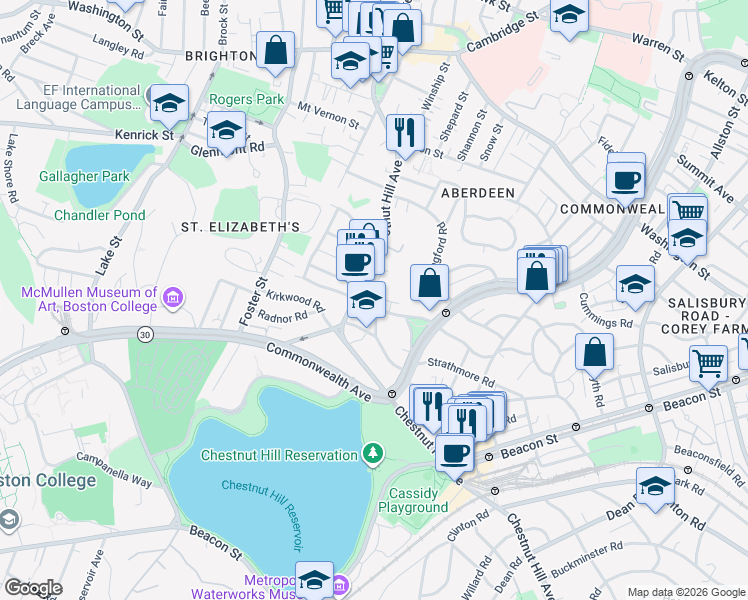 map of restaurants, bars, coffee shops, grocery stores, and more near 186 Chestnut Hill Avenue in Boston