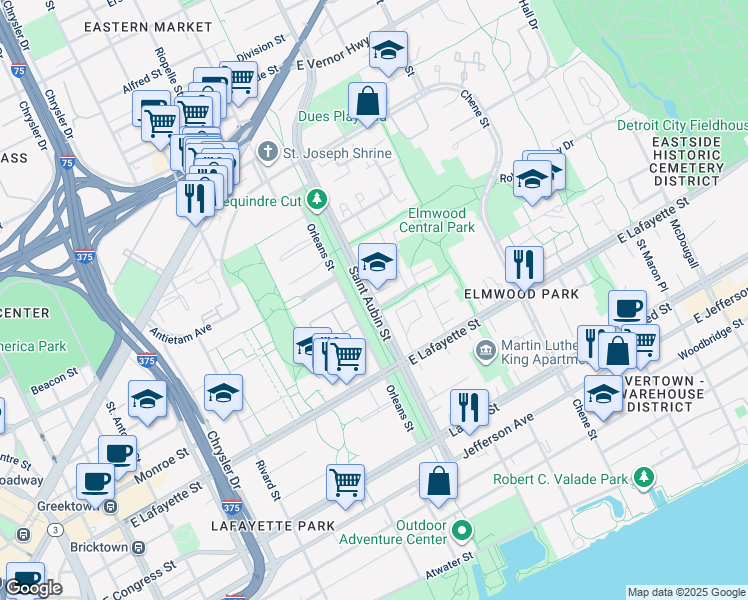 map of restaurants, bars, coffee shops, grocery stores, and more near in Detroit