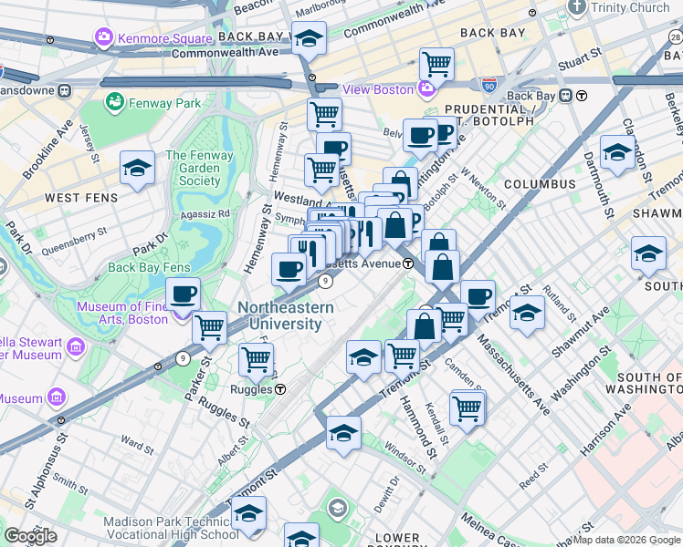 map of restaurants, bars, coffee shops, grocery stores, and more near 290 Huntington Avenue in Boston
