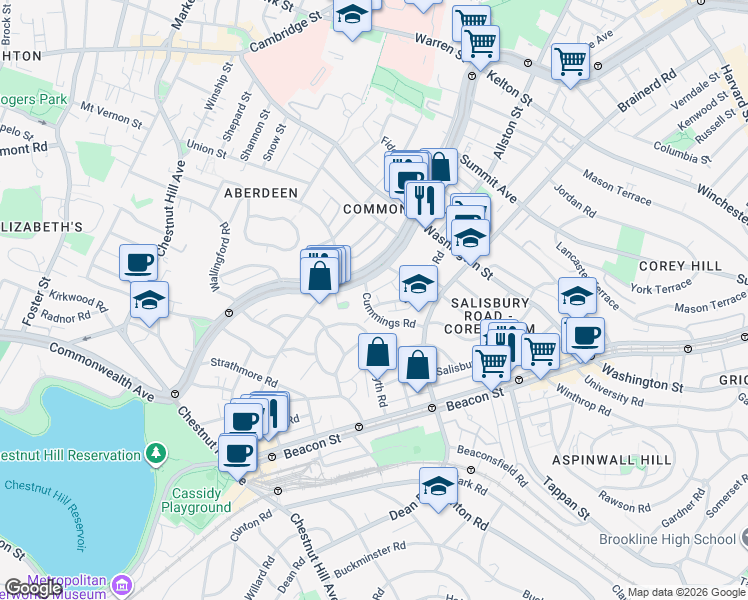 map of restaurants, bars, coffee shops, grocery stores, and more near 36 Cummings Road in Boston