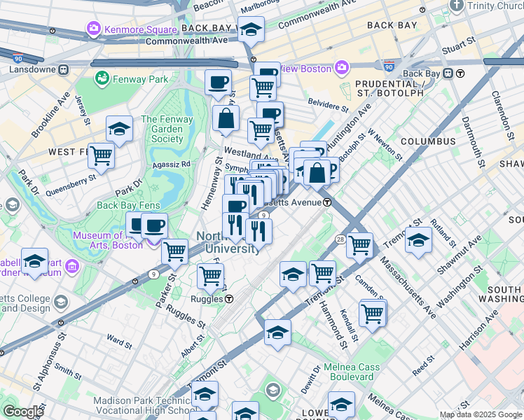 map of restaurants, bars, coffee shops, grocery stores, and more near 309 Huntington Avenue in Boston