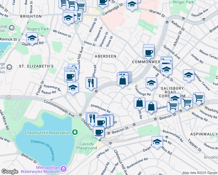 map of restaurants, bars, coffee shops, grocery stores, and more near 1736 Commonwealth Avenue in Boston