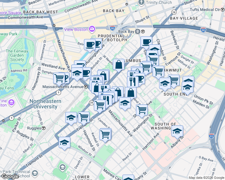 map of restaurants, bars, coffee shops, grocery stores, and more near 4 Concord Place in Boston