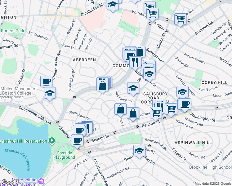 map of restaurants, bars, coffee shops, grocery stores, and more near 36 Cummings Road in Boston