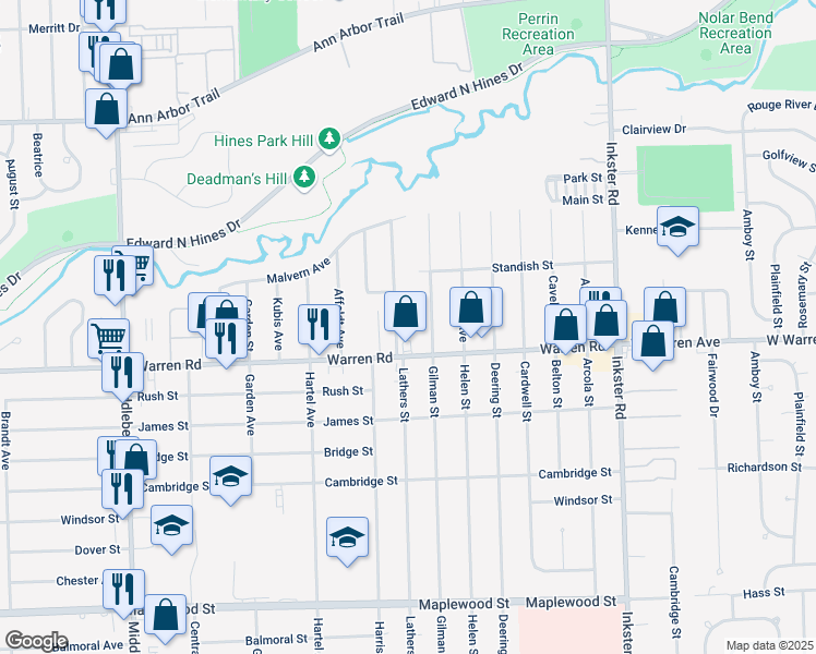 map of restaurants, bars, coffee shops, grocery stores, and more near 28250 Warren Road in Westland