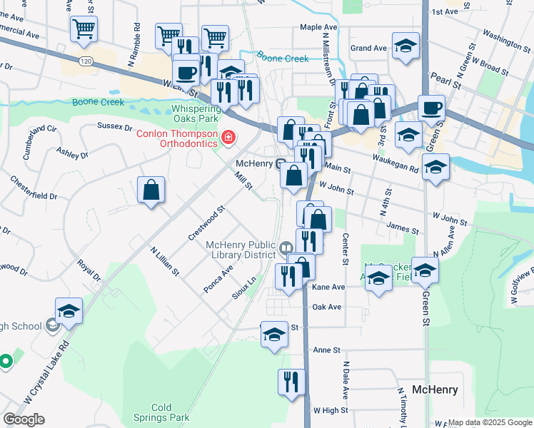 map of restaurants, bars, coffee shops, grocery stores, and more near 717 Mill Street in McHenry