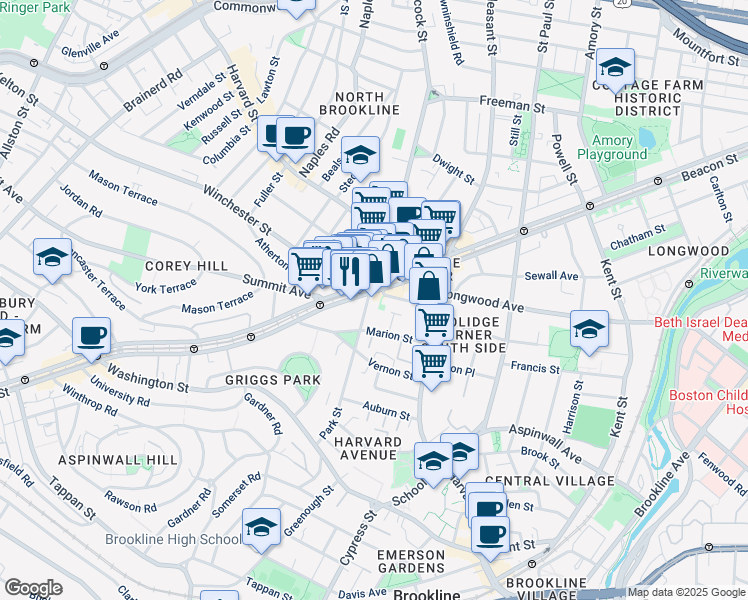 map of restaurants, bars, coffee shops, grocery stores, and more near in Brookline