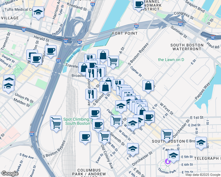 map of restaurants, bars, coffee shops, grocery stores, and more near 157 West Broadway in Boston