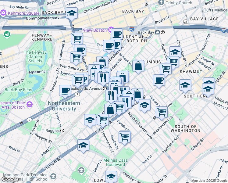 map of restaurants, bars, coffee shops, grocery stores, and more near in Boston