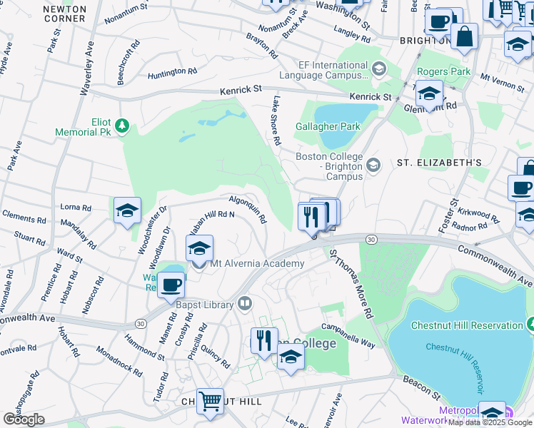 map of restaurants, bars, coffee shops, grocery stores, and more near 33 Waban Hill Road North in Newton
