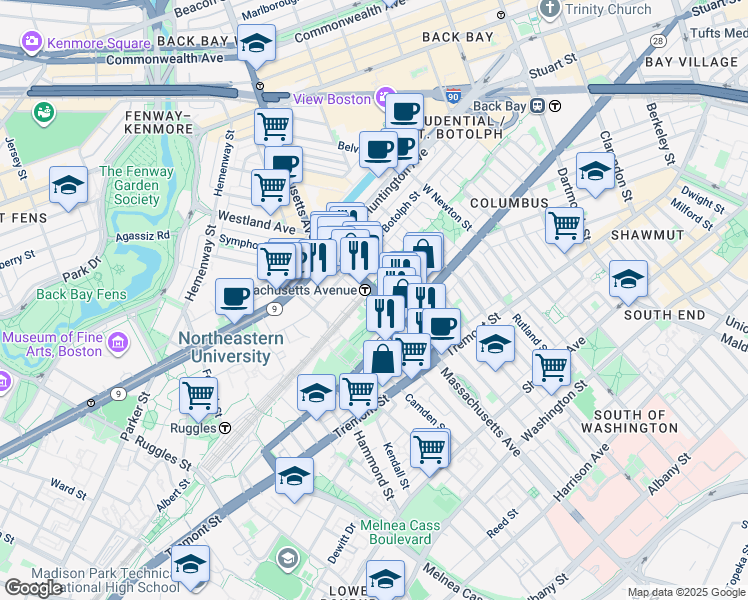 map of restaurants, bars, coffee shops, grocery stores, and more near 401 Massachusetts Avenue in Boston