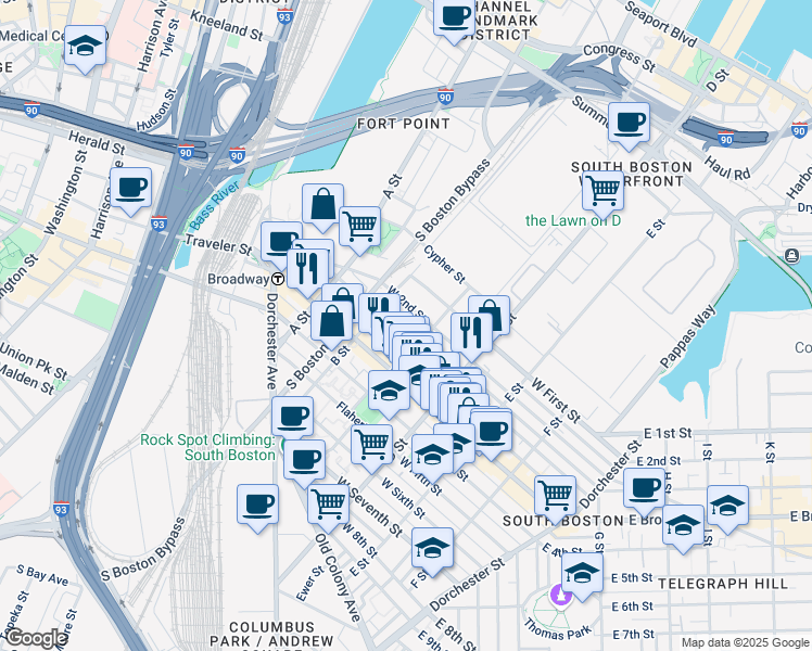 map of restaurants, bars, coffee shops, grocery stores, and more near 166 Athens Street in Boston