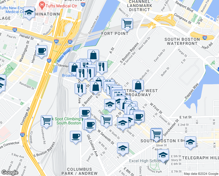 map of restaurants, bars, coffee shops, grocery stores, and more near 157 West Broadway in Boston