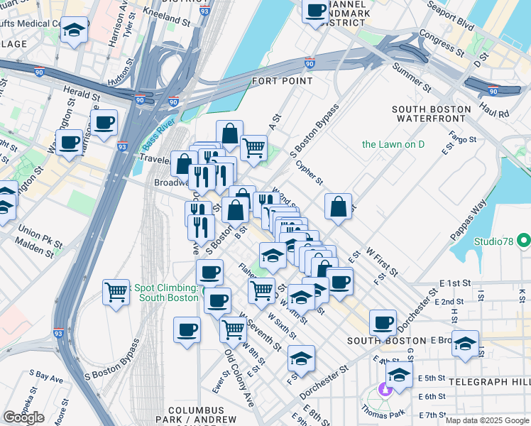 map of restaurants, bars, coffee shops, grocery stores, and more near 157 West Broadway in Boston