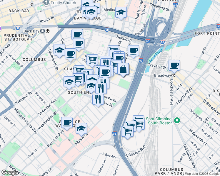 map of restaurants, bars, coffee shops, grocery stores, and more near 580 Harrison Avenue in Boston