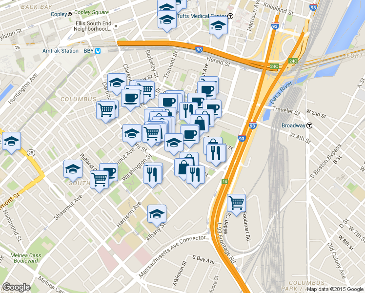 map of restaurants, bars, coffee shops, grocery stores, and more near 75 Union Park Street in Boston