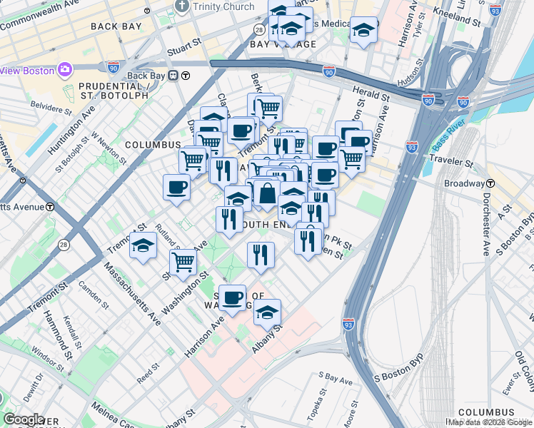 map of restaurants, bars, coffee shops, grocery stores, and more near in Boston