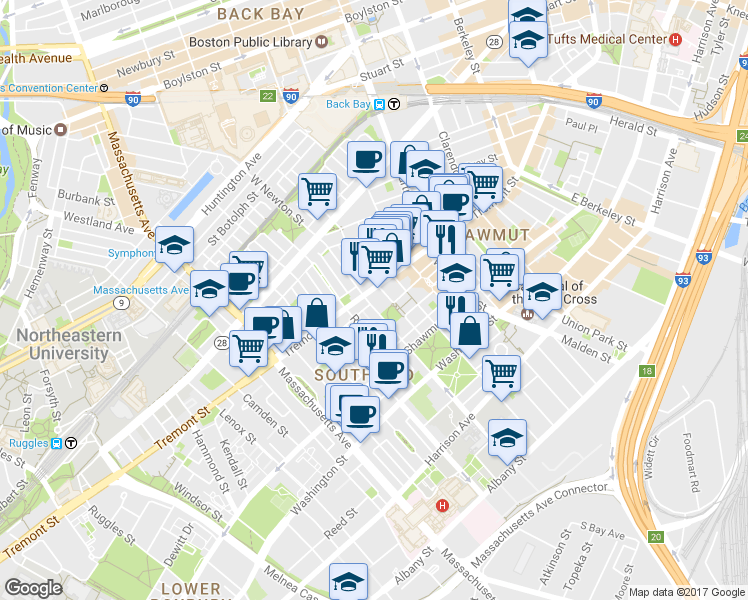 map of restaurants, bars, coffee shops, grocery stores, and more near 86 West Haven Street in Boston