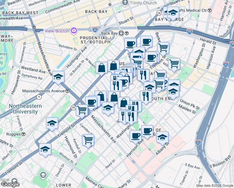 map of restaurants, bars, coffee shops, grocery stores, and more near 86 West Haven Street in Boston