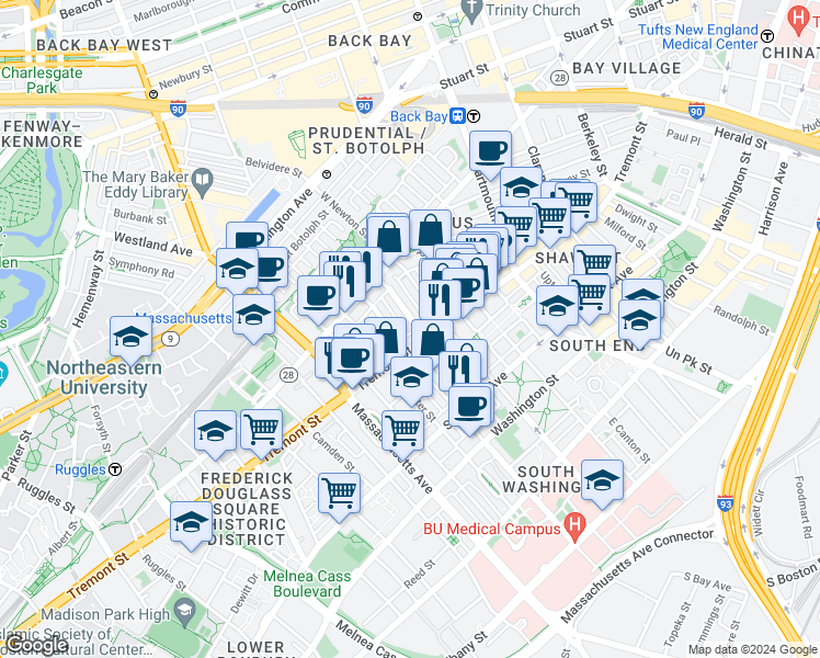 map of restaurants, bars, coffee shops, grocery stores, and more near 708 Tremont Street in Boston