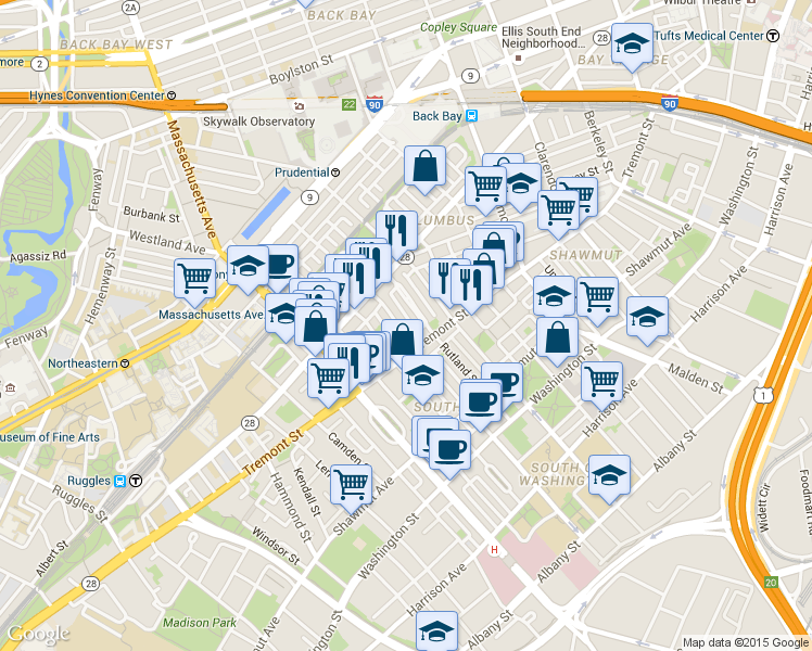map of restaurants, bars, coffee shops, grocery stores, and more near 4 Concord Place in Boston