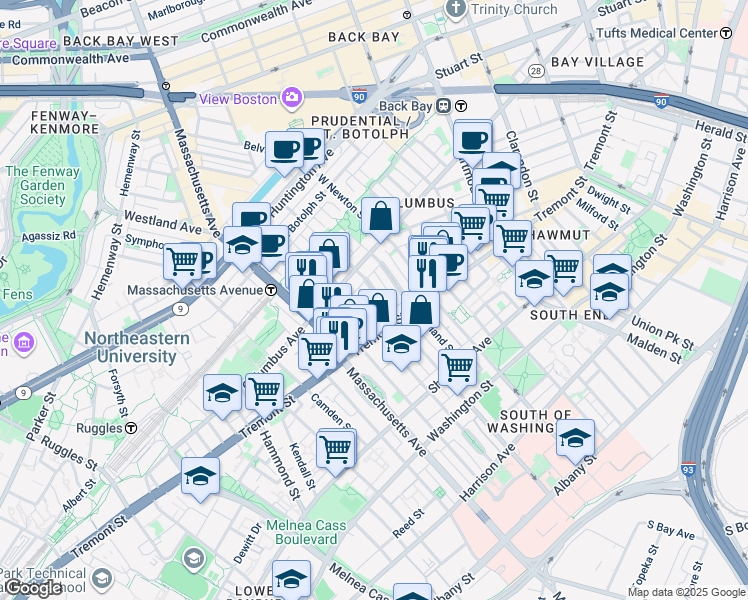 map of restaurants, bars, coffee shops, grocery stores, and more near 4 Concord Place in Boston
