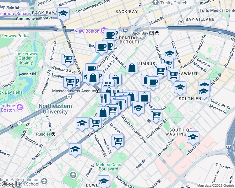 map of restaurants, bars, coffee shops, grocery stores, and more near 212 West Springfield Street in Boston