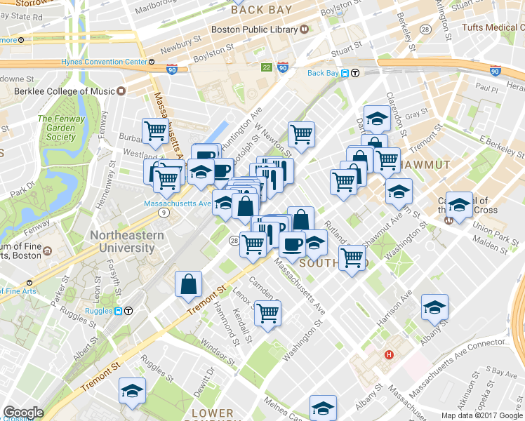 map of restaurants, bars, coffee shops, grocery stores, and more near 212 West Springfield Street in Boston
