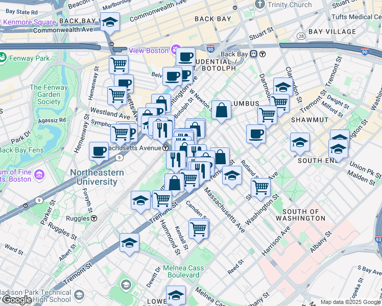 map of restaurants, bars, coffee shops, grocery stores, and more near in Boston