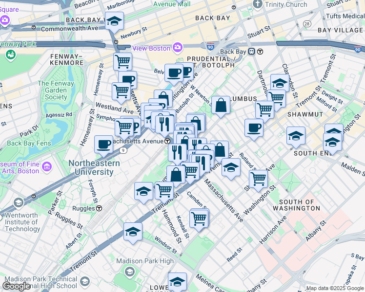 map of restaurants, bars, coffee shops, grocery stores, and more near in Boston