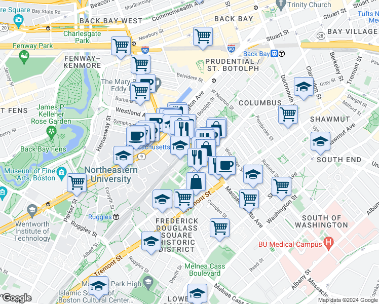 map of restaurants, bars, coffee shops, grocery stores, and more near 396 Northampton Street in Boston